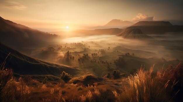 A sunset over a valley with a mountain in the background