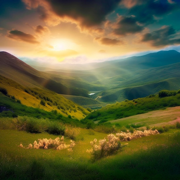 A sunset over a valley with mountains and a river in the foreground.