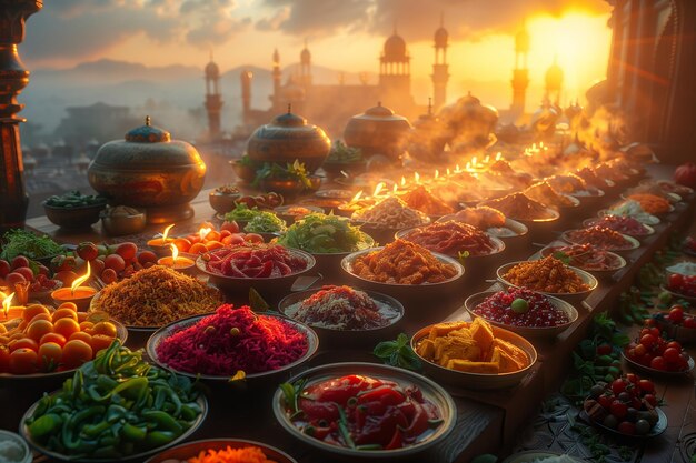 Photo sunset over a vibrant feast of fresh fruits and prepared dishes in an outdoor setting