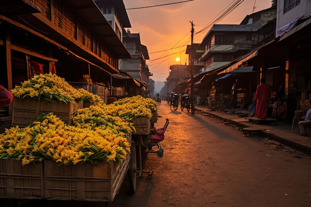 Sunset over a vibrant flower market