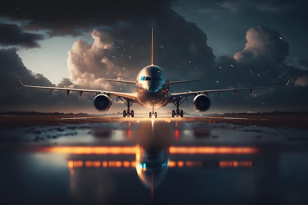 Sunset view of airplane on airport runway under dramatic sky Neural network AI generated