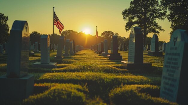 Photo sunset view of an american cemetery with rows of gravestones and flags conveying peace and reverence