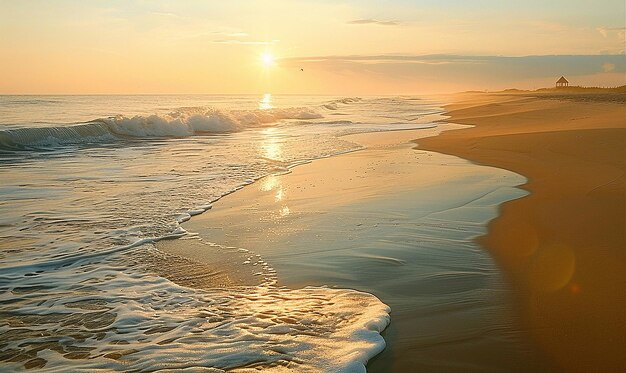 Photo a sunset view of a beach with a bird flying above the water