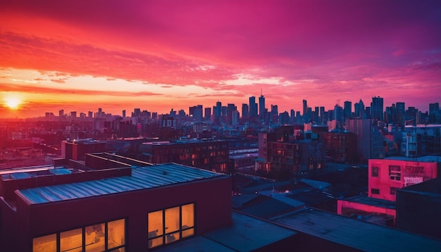 Photo a sunset view of a city with a pink sky and a cityscape in the background