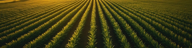 Sunset view of a corn field with a farmer standing in the middle taken from the sky