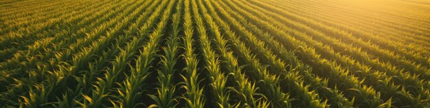 Sunset view of a corn field with a farmer standing in the middle taken from the sky