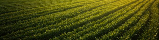 Sunset view of a corn field with a farmer standing in the middle taken from the sky