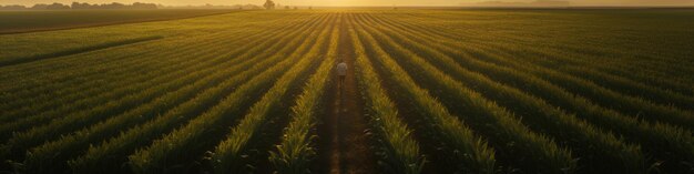 Sunset view of a corn field with a farmer standing in the middle taken from the sky