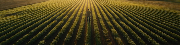 Sunset view of a corn field with a farmer standing in the middle taken from the sky