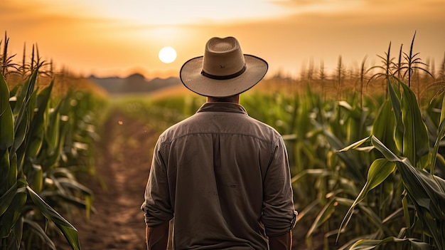 Sunset view of a corn field with a male farmer in a hat standing in natural light