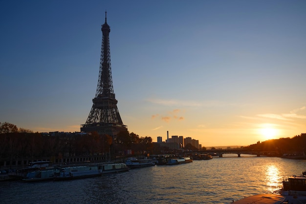 Sunset view of Eiffel tower and Seine river in Paris France Autumn Paris