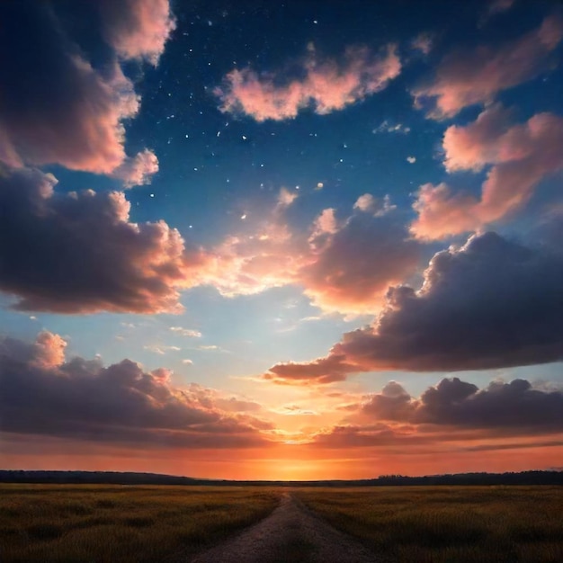 a sunset view of a field with clouds and a road in the foreground