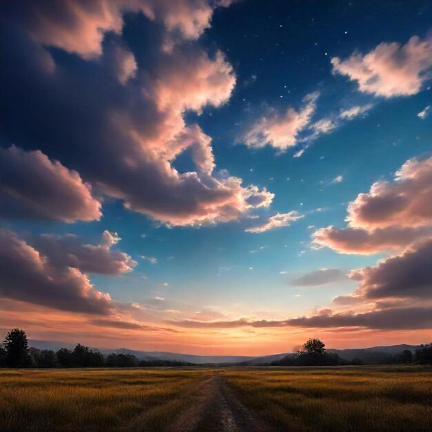 a sunset view of a field with clouds and a road in the foreground