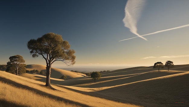 Photo a sunset view of a field with trees and a plane in the sky