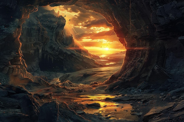 Sunset View from a Cave in a Mystical Landscape