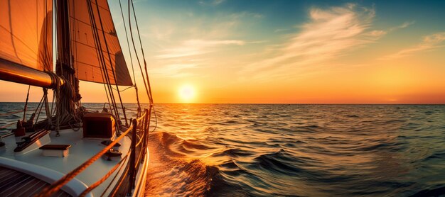 sunset view from a yacht on the open sea banner Generative AI