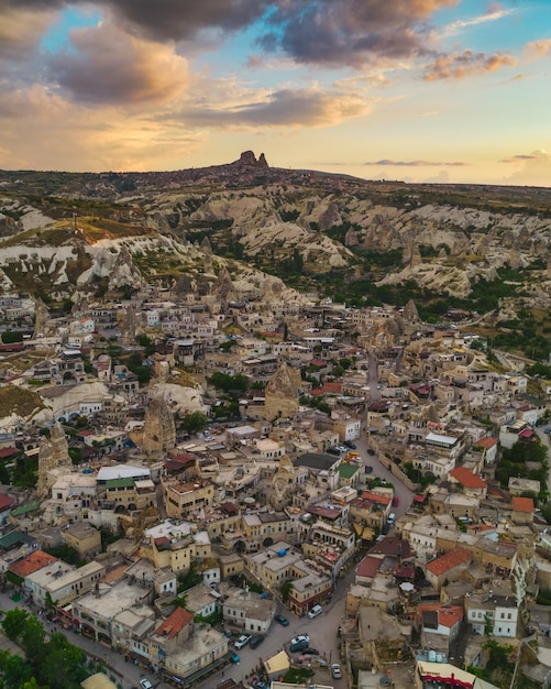 Sunset view of Goreme town and Uchisar castle in Cappadocia