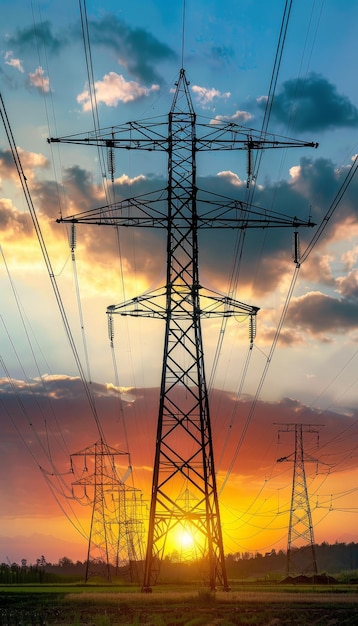 Sunset view of high voltage power lines extending into the distance realistic close up photo