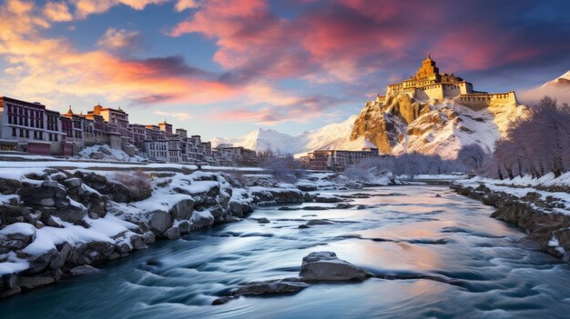 sunset view of the Himalayan mountains tibet monastery