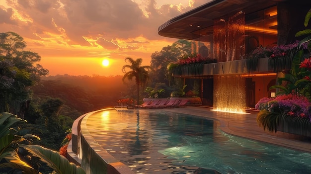 Photo a sunset view of a house with a pool and a sunset in the background