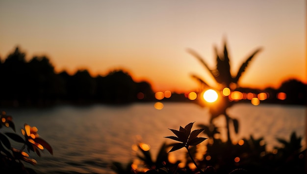 Photo a sunset view of a lake with a lake and trees in the background