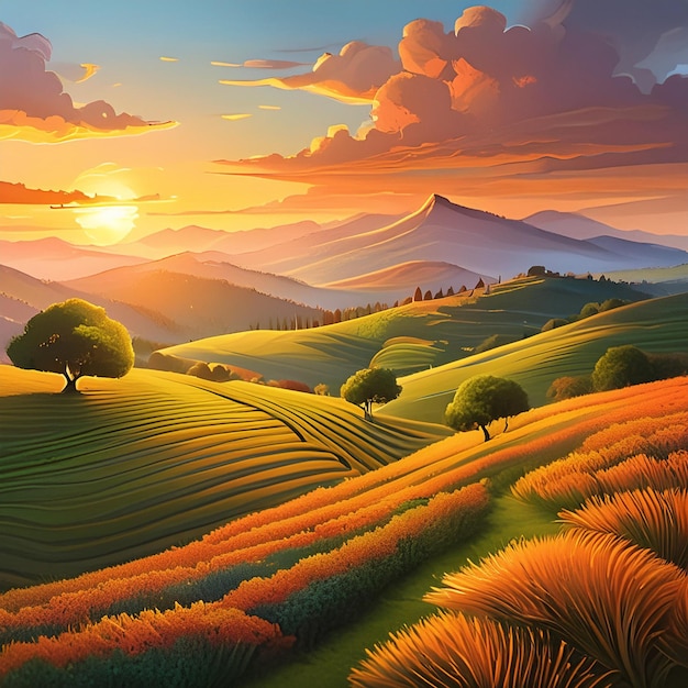 a sunset view of a mountain landscape with a sunset and mountains