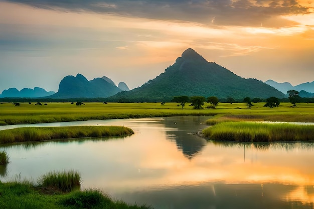 A sunset view of a mountain with a lake in the foreground.