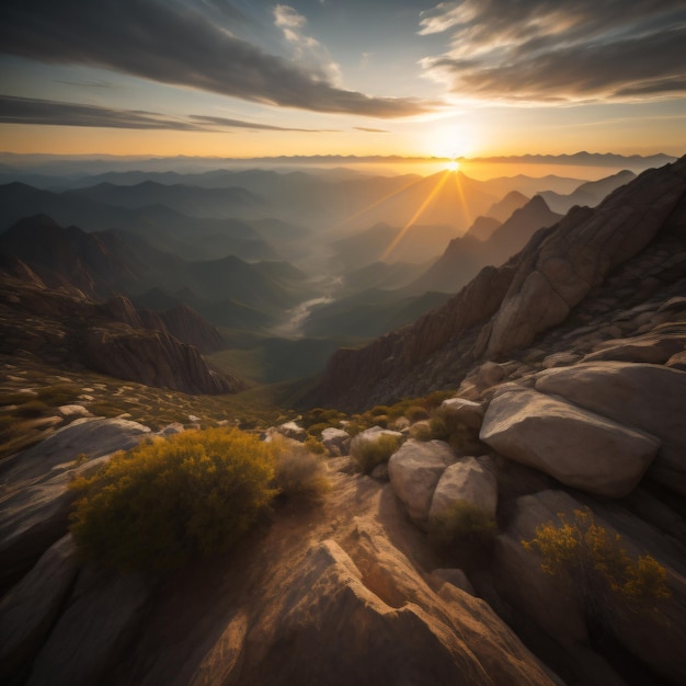 A sunset view of a mountain with a mountain view.