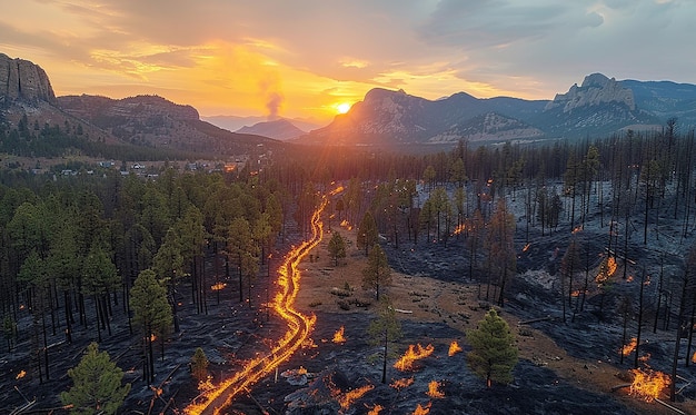 a sunset view of a mountain with a road going through it