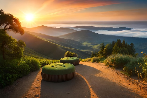 A sunset view of a mountain with a sunset in the background