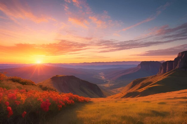 a sunset view of mountains and mountains with a sunset in the background