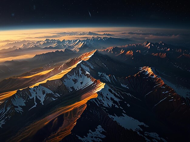 a sunset view of the mountains with a star filled sky above them