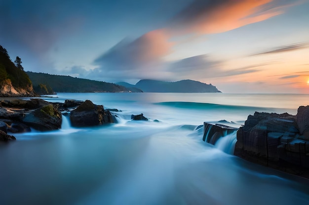 Photo a sunset view of the ocean and rocks