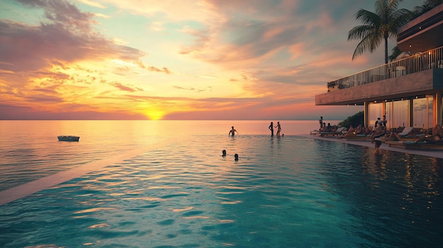 a sunset view of the ocean with people swimming and a sunset in the background