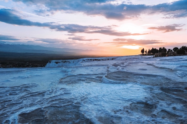 Sunset view Pamukkale tranvanter pools at ancient Hierapolis, Denizli