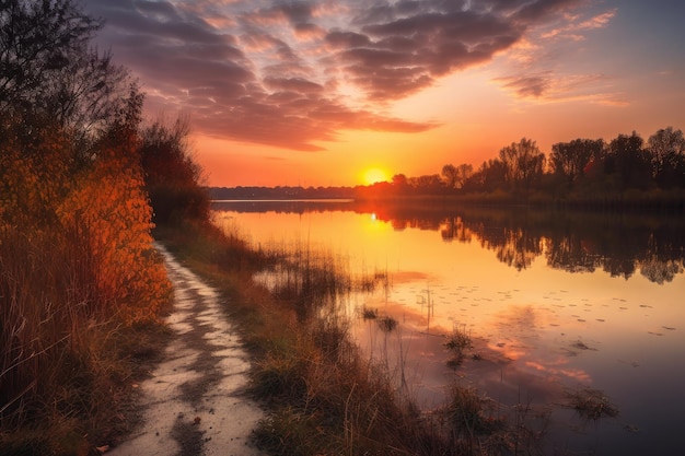 Sunset view of pathway that leads to a lake with reflection of orange and yellow streaks in the sky