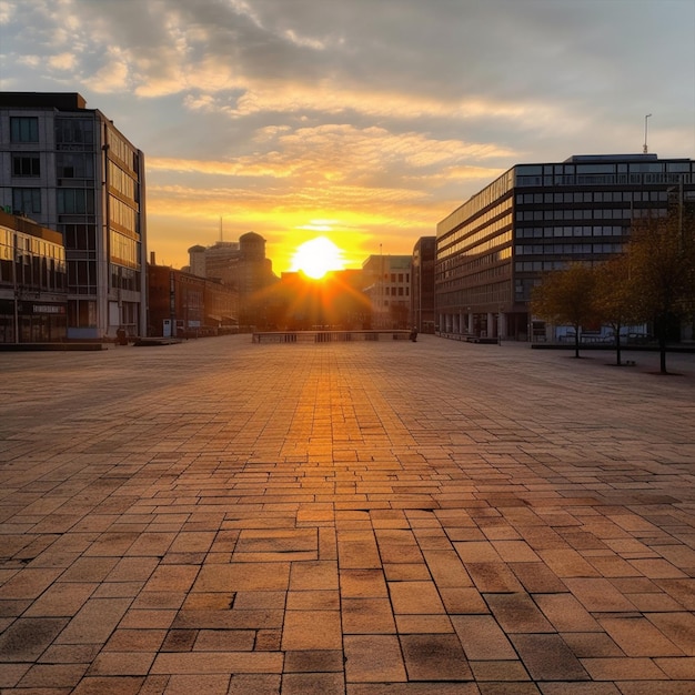 A sunset view of a plaza in frankfurt