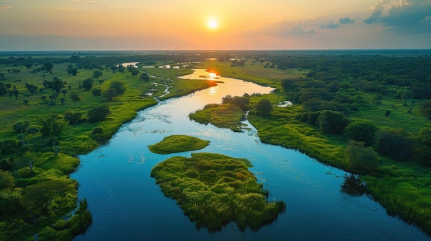 a sunset view of a river with a sunset in the background