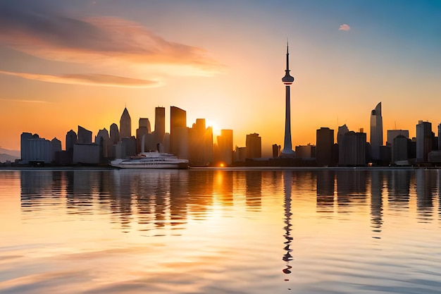 A sunset view of the skyline of toronto