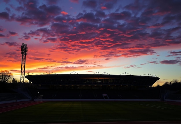 Photo a sunset view of a stadium with a red sky and clouds in the background