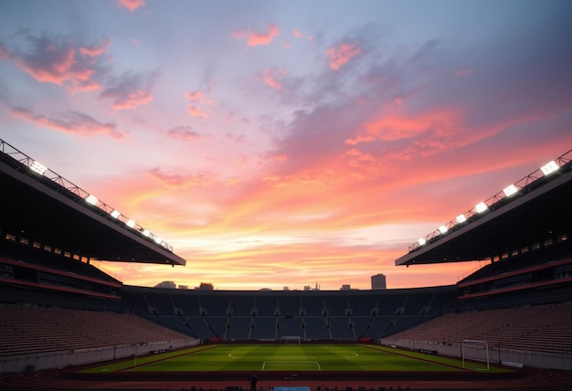 a sunset view of a stadium with the sun setting behind it