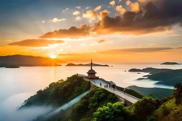 A sunset view of a temple on the top of a hill with a cloudy sky