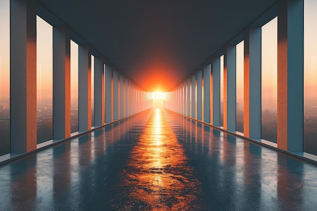 Photo a sunset view through a glass corridor of a modern building