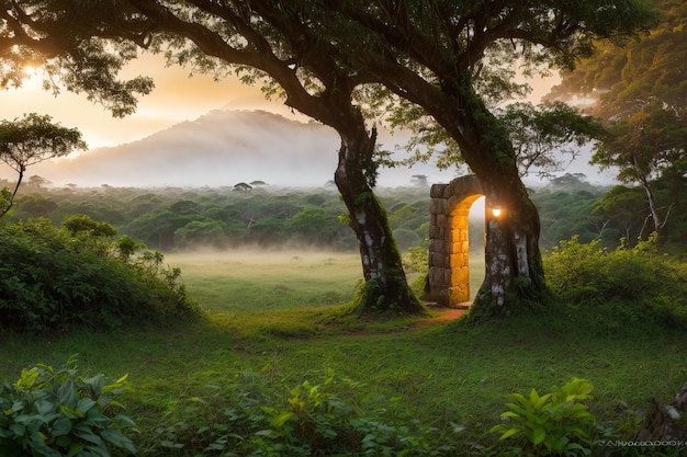 a sunset view through a tree with a door in the middle