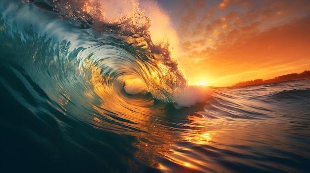 Sunset View of a Wave crushing into the Sea