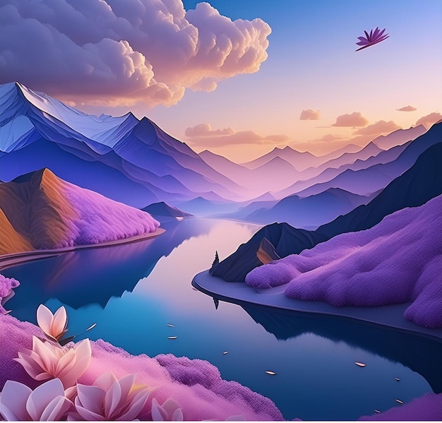 sunset view with mountain clouds and beautiful lake and pink clour background