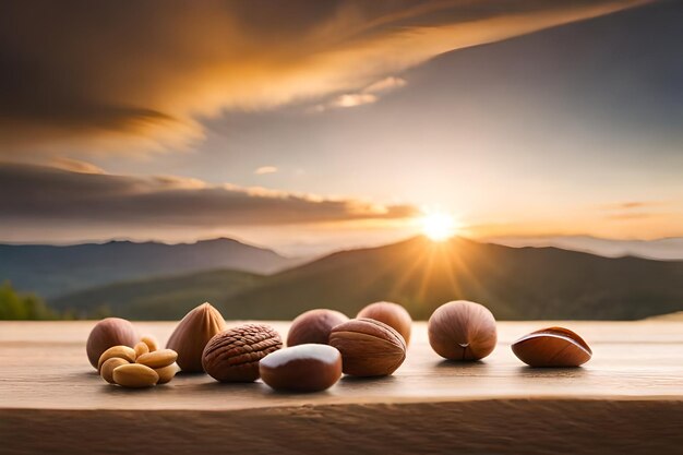 a sunset view with a person and some nuts on a table.