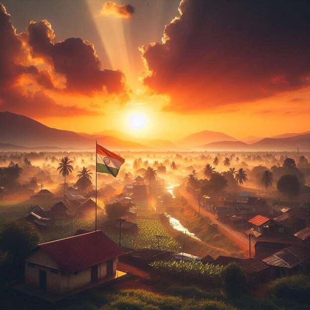 a sunset over a village with a flag and mountains in the background