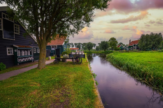 Sunset above the village of zaanse schans in the netherlands