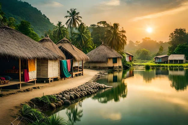 a sunset over a village